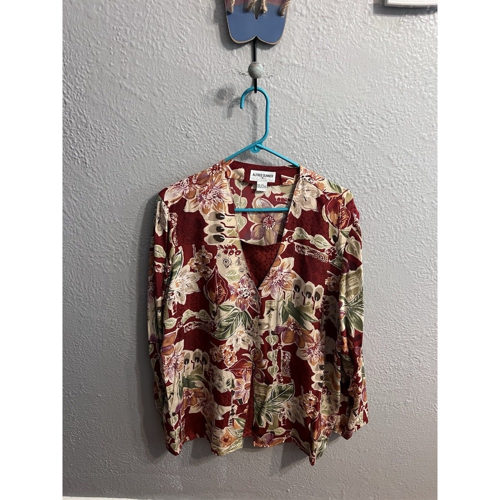 Alfred Dunner Blouse Women 16 Silk V‎ Neck Lined 3/4 Sleeve Rust Color Floral